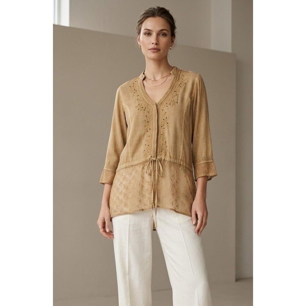 Club Z Collection Womens L Boho Beaded Embroidered Lace Hem Tunic Blouse Tan